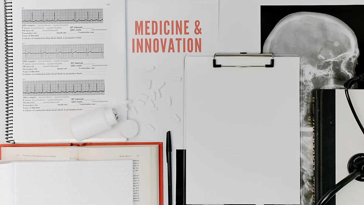 Medical research documents and equipment used for a data-focused evidence review