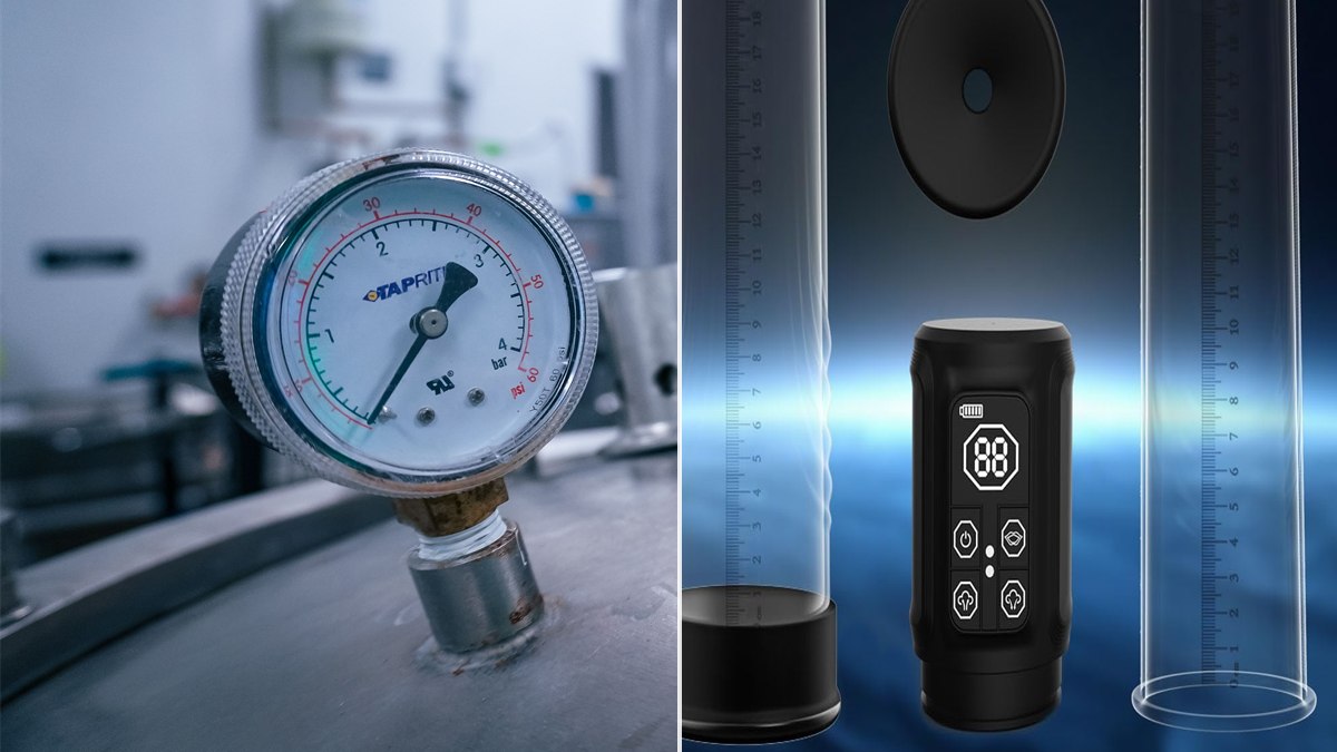 Analog vacuum gauge beside clear pump components for a feedback comparison