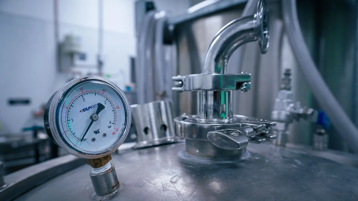 Pressure gauge and sealed stainless-steel equipment used to illustrate vacuum troubleshooting